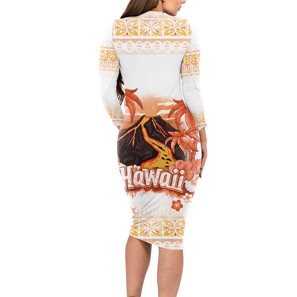Hawaiian Volcano Lava Flow Long Sleeve Bodycon Dress With Hawaiian Tapa Pattern LT05 - Polynesian Pride