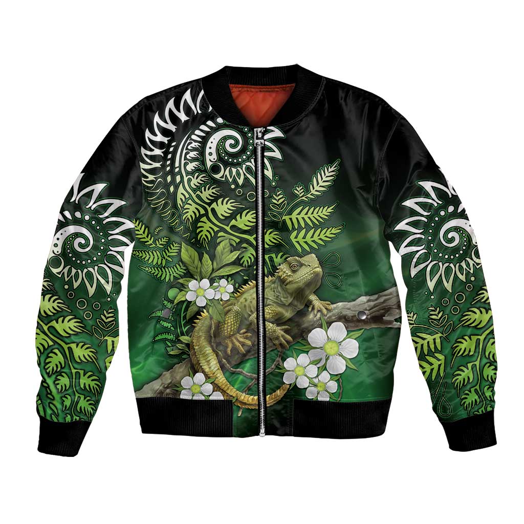 Aotearoa New Zealand Tuatara Bomber Jacket Maori Koru Art LT05 Unisex Green - Polynesian Pride