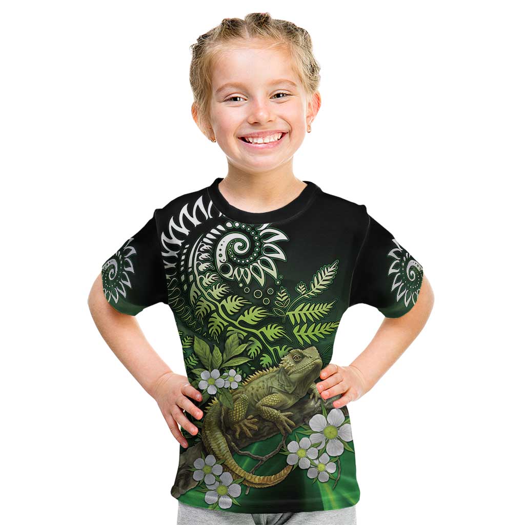Aotearoa New Zealand Tuatara Kid T Shirt Maori Koru Art LT05 Green - Polynesian Pride