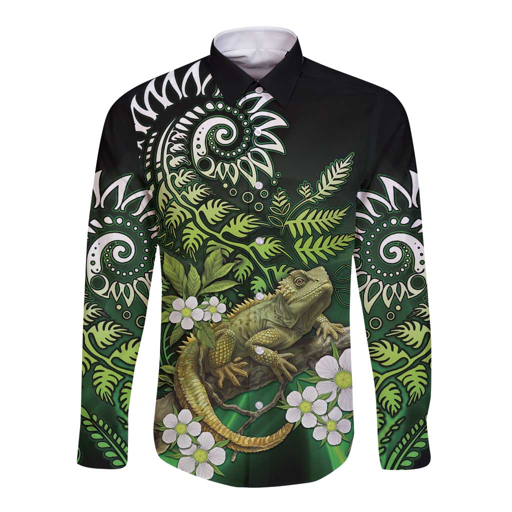 Aotearoa New Zealand Tuatara Long Sleeve Button Shirt Maori Koru Art LT05 Unisex Green - Polynesian Pride