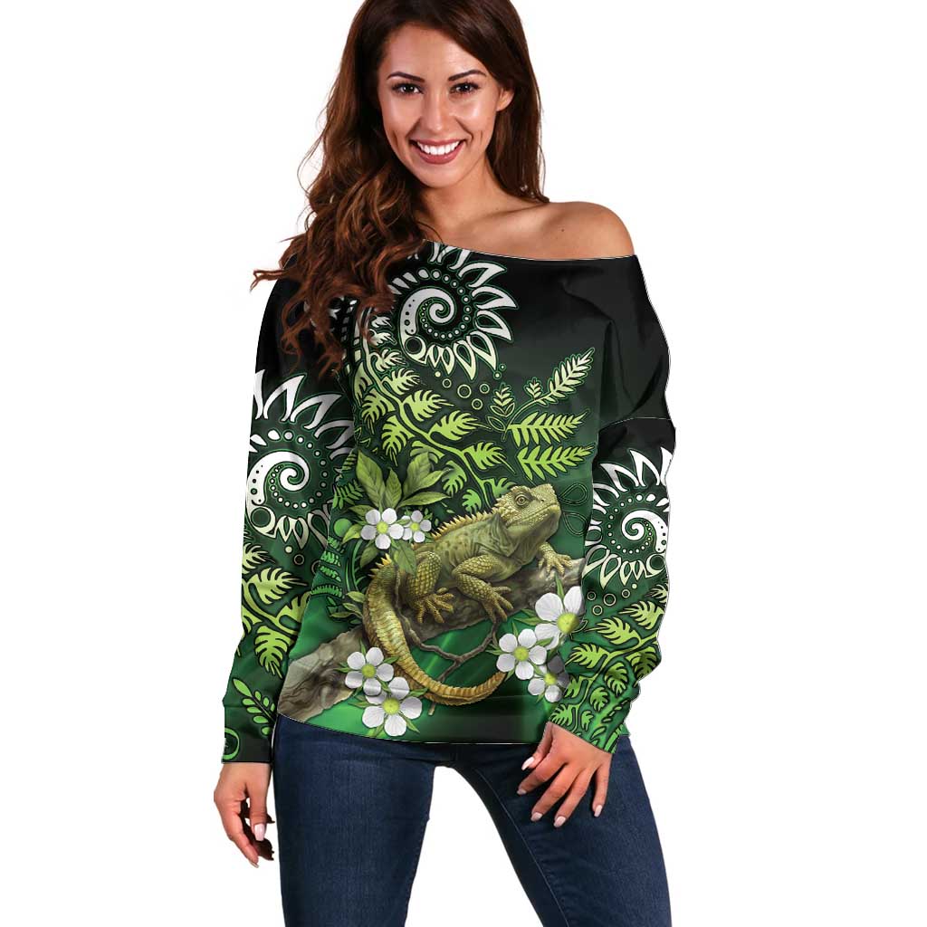 Aotearoa New Zealand Tuatara Off Shoulder Sweater Maori Koru Art LT05 Women Green - Polynesian Pride