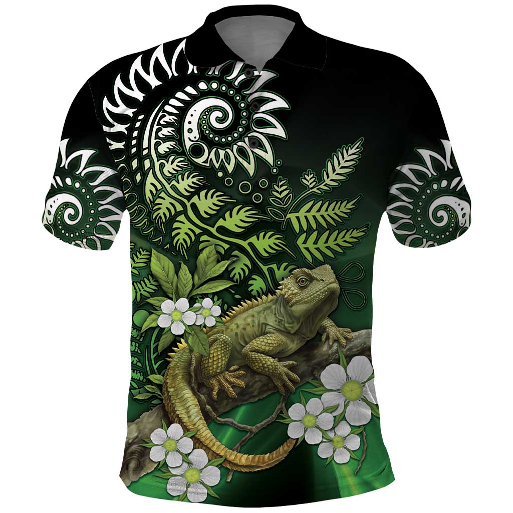 Aotearoa New Zealand Tuatara Polo Shirt Maori Koru Art LT05 Green - Polynesian Pride