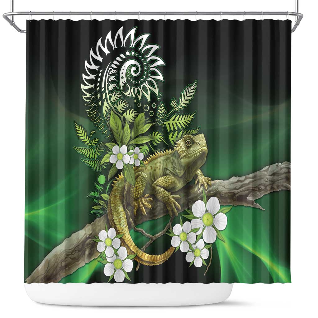 Aotearoa New Zealand Tuatara Shower Curtain Maori Koru Art