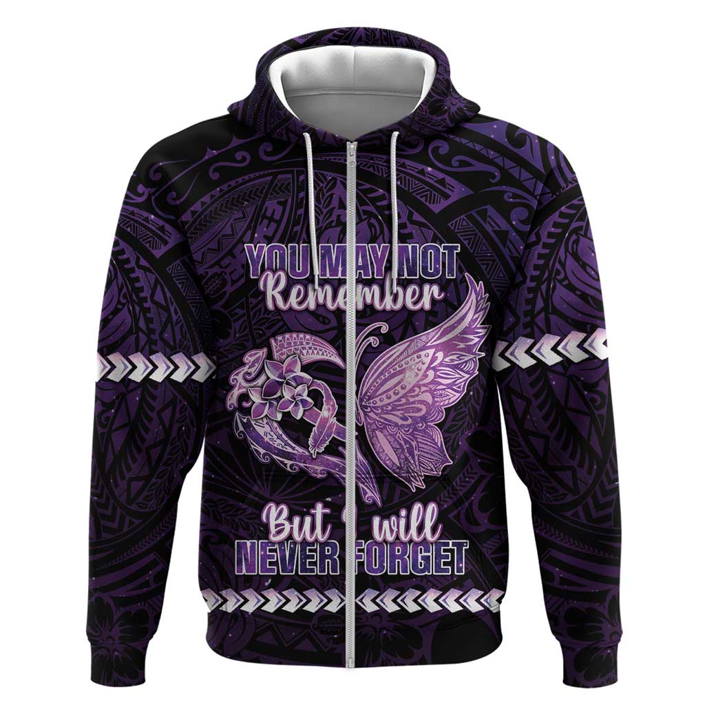 Personalised Alzheimer's Awareness Hoodie You May Not Remember But I Will Never Forget LT05 Zip Hoodie Purple - Polynesian Pride