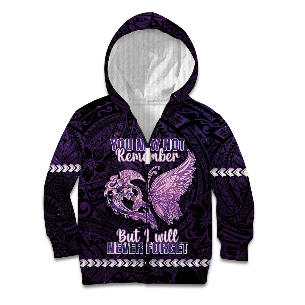 Personalised Alzheimer's Awareness Kid Hoodie You May Not Remember But I Will Never Forget LT05 Zip Hoodie Purple - Polynesian Pride