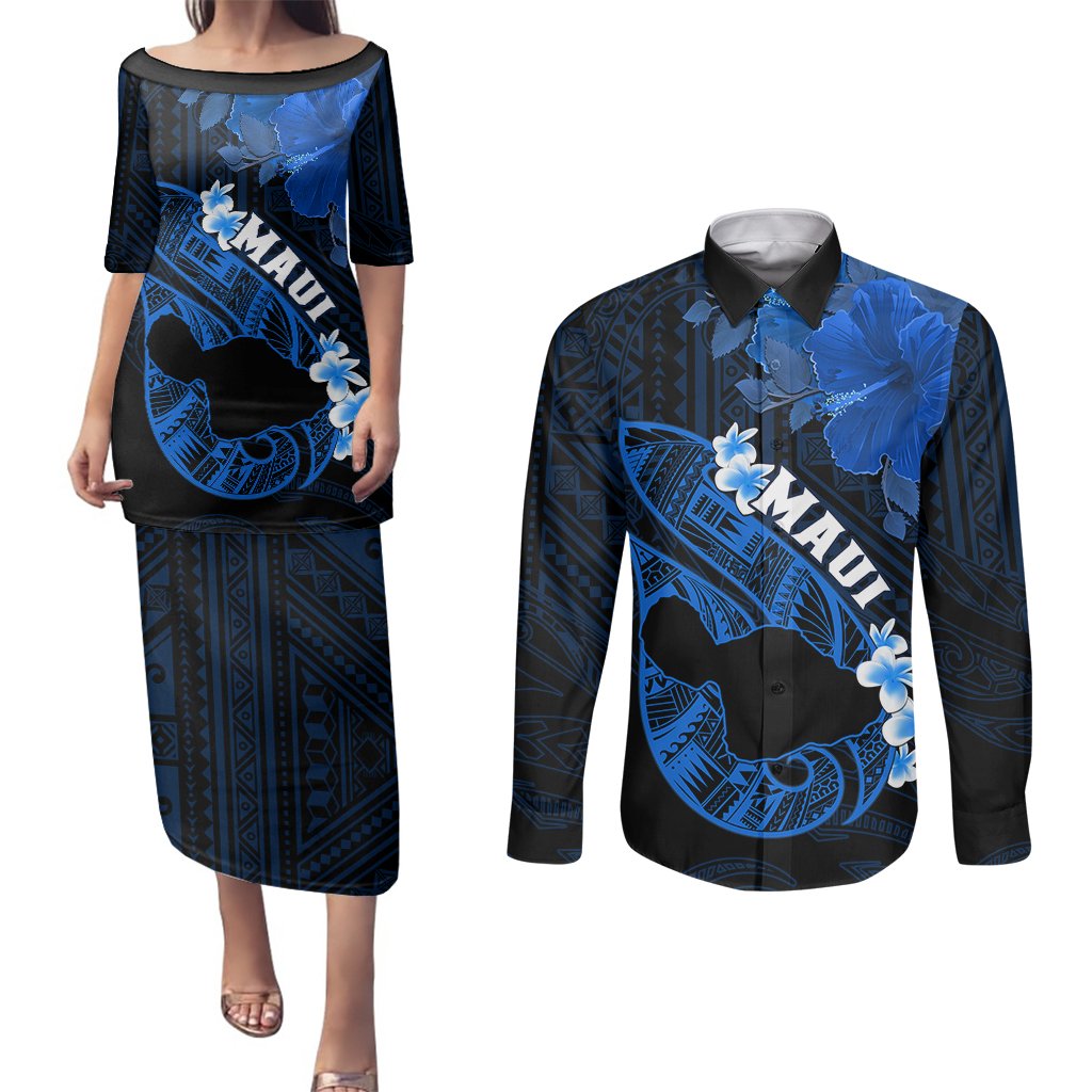 Personalized Hawaii Maui Couples Matching Puletasi Dress and Long Sleeve Button Shirts Polynesian Fish Hook Hibiscus Blue Version LT05 Blue - Polynesian Pride