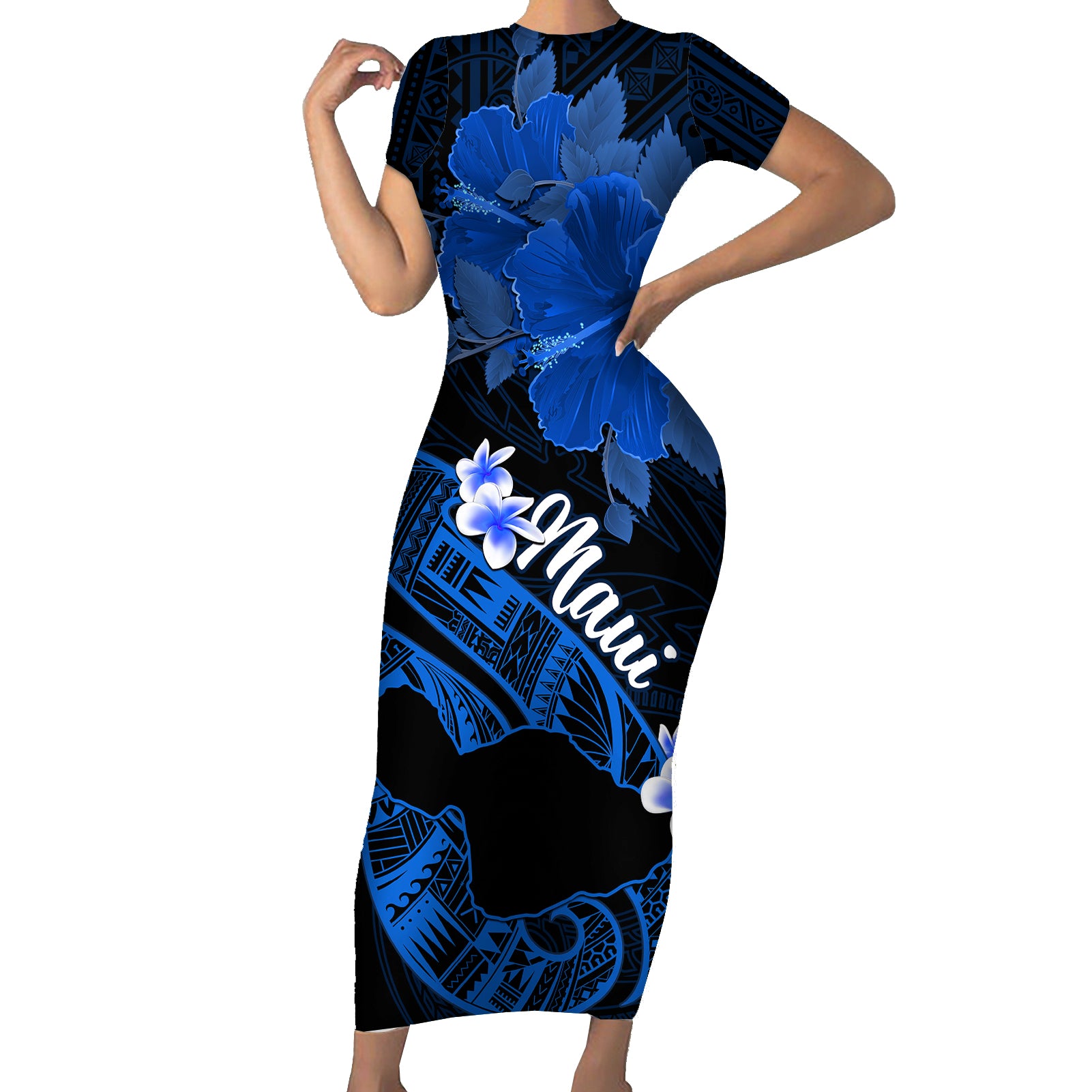 Personalized Hawaii Maui Short Sleeve Bodycon Dress Polynesian Fish Hook Hibiscus Blue Version LT05 Long Dress Blue - Polynesian Pride