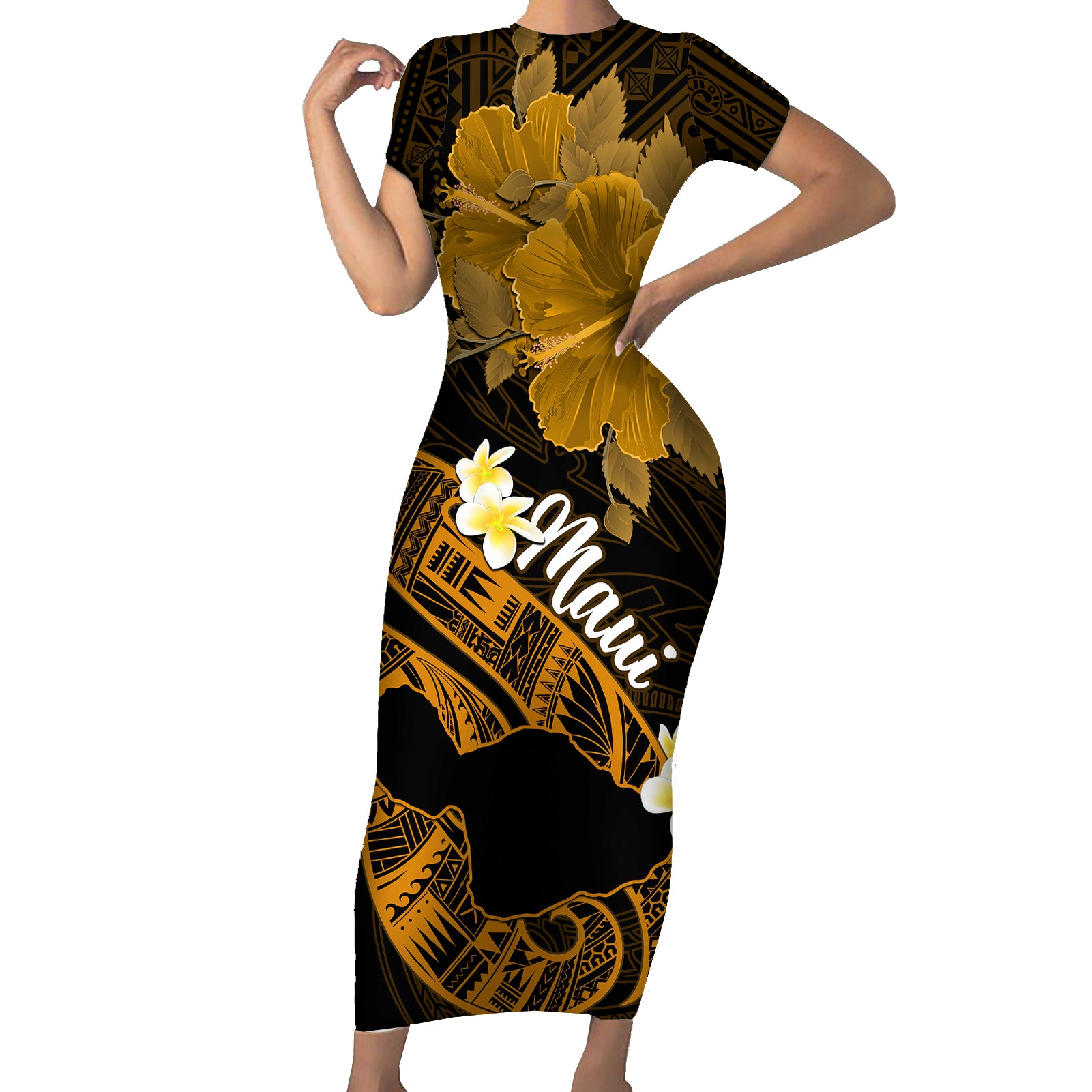 Personalized Hawaii Maui Short Sleeve Bodycon Dress Polynesian Fish Hook Hibiscus Gold Version LT05 Long Dress Gold - Polynesian Pride