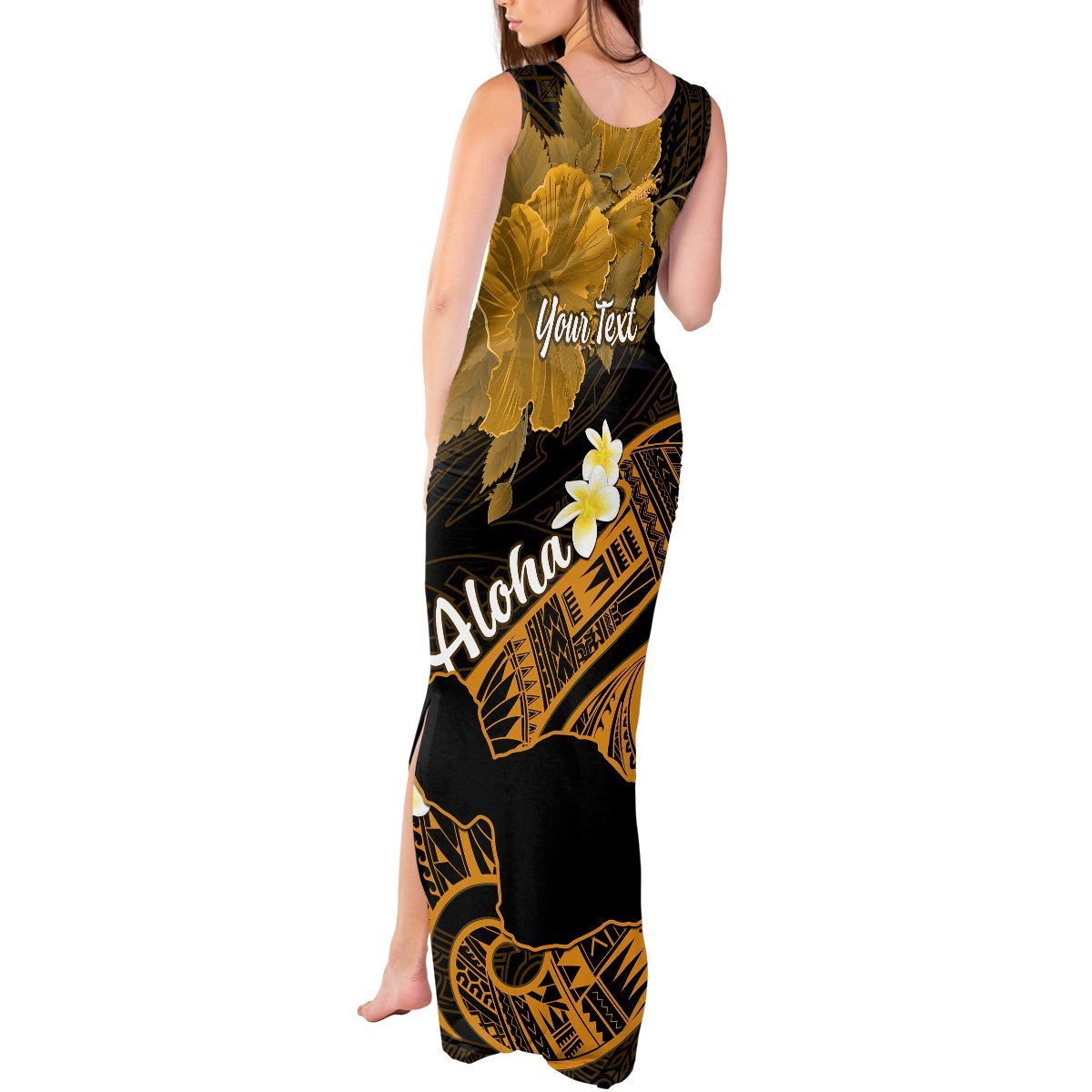 Personalized Hawaii Maui Tank Maxi Dress Polynesian Fish Hook Hibiscus Gold Version LT05 - Polynesian Pride