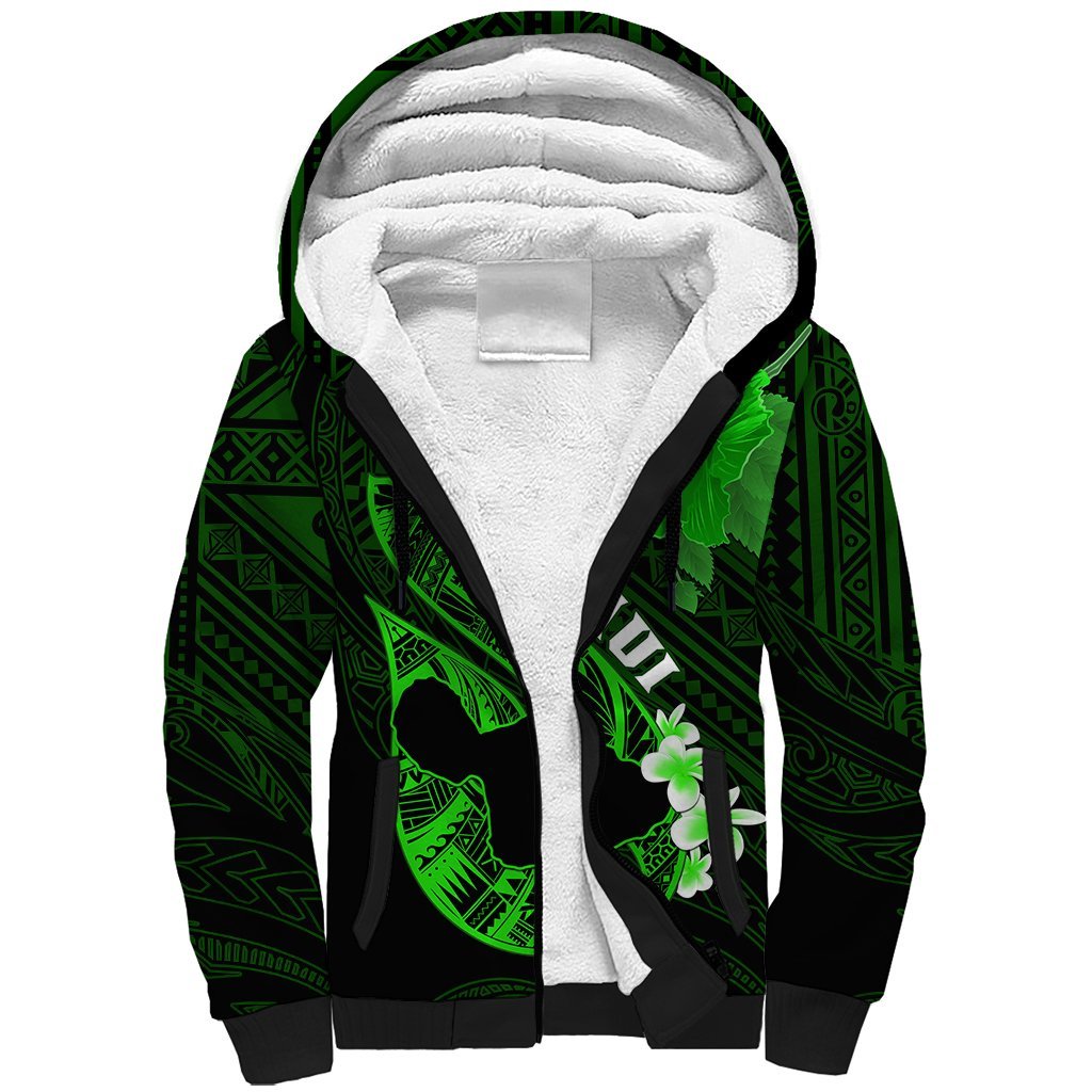 Personalized Hawaii Maui Sherpa Hoodie Polynesian Fish Hook Hibiscus Green Version LT05 Unisex Green - Polynesian Pride