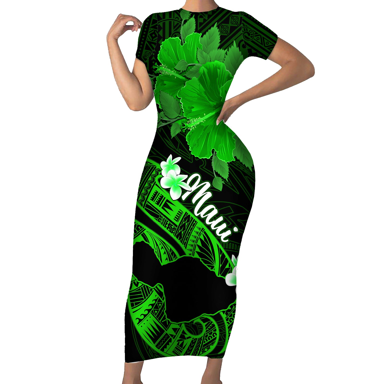 Personalized Hawaii Maui Short Sleeve Bodycon Dress Polynesian Fish Hook Hibiscus Green Version LT05 Long Dress Green - Polynesian Pride