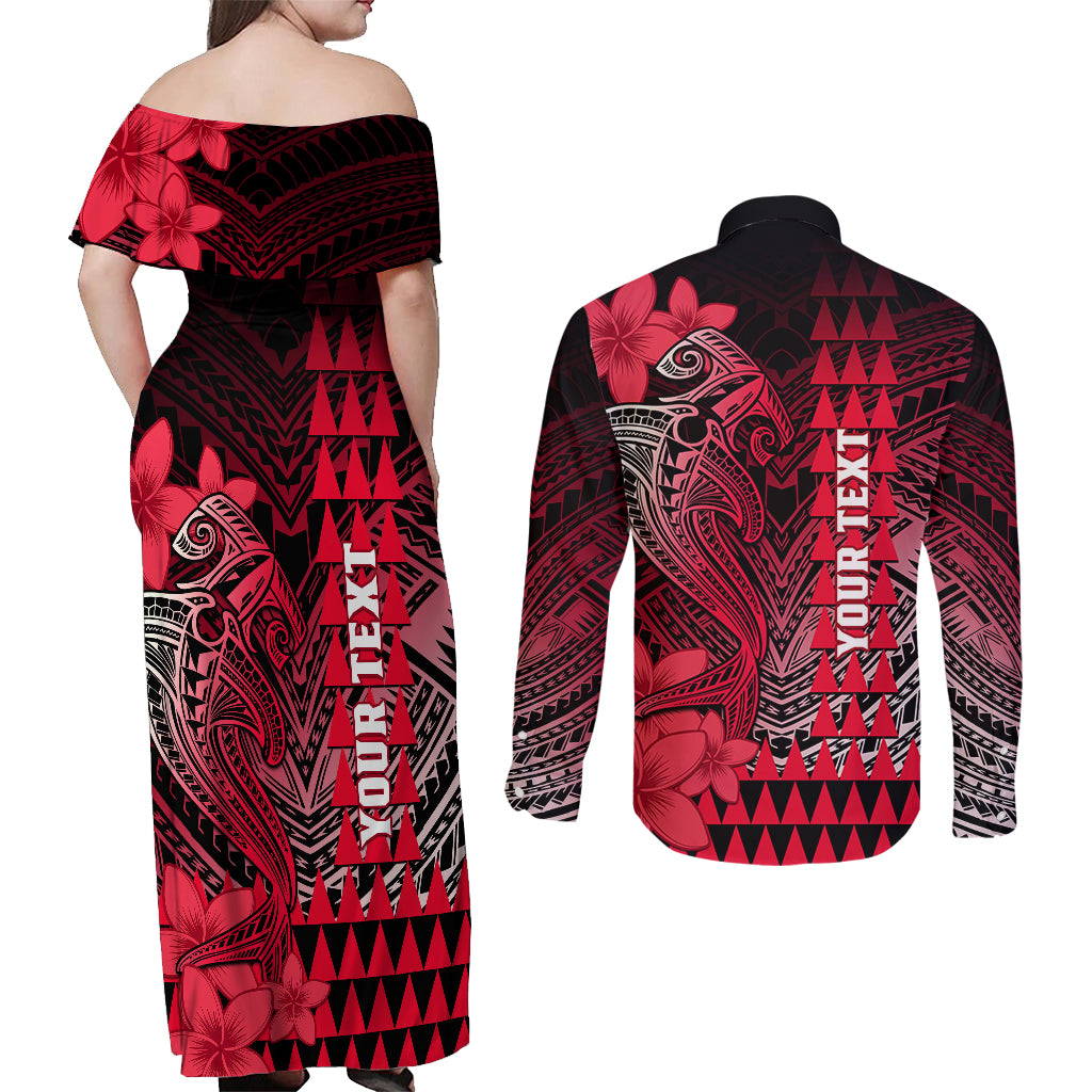 Personalized Hawaii Couples Matching Off Shoulder Maxi Dress and Long Sleeve Button Shirts Hammerhead Shark Kakau Polynesian Tribal Red LT05 - Polynesian Pride