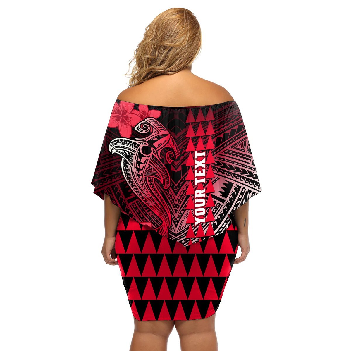 Personalized Hawaii Off Shoulder Short Dress Hammerhead Shark Kakau Polynesian Tribal Red LT05 - Polynesian Pride