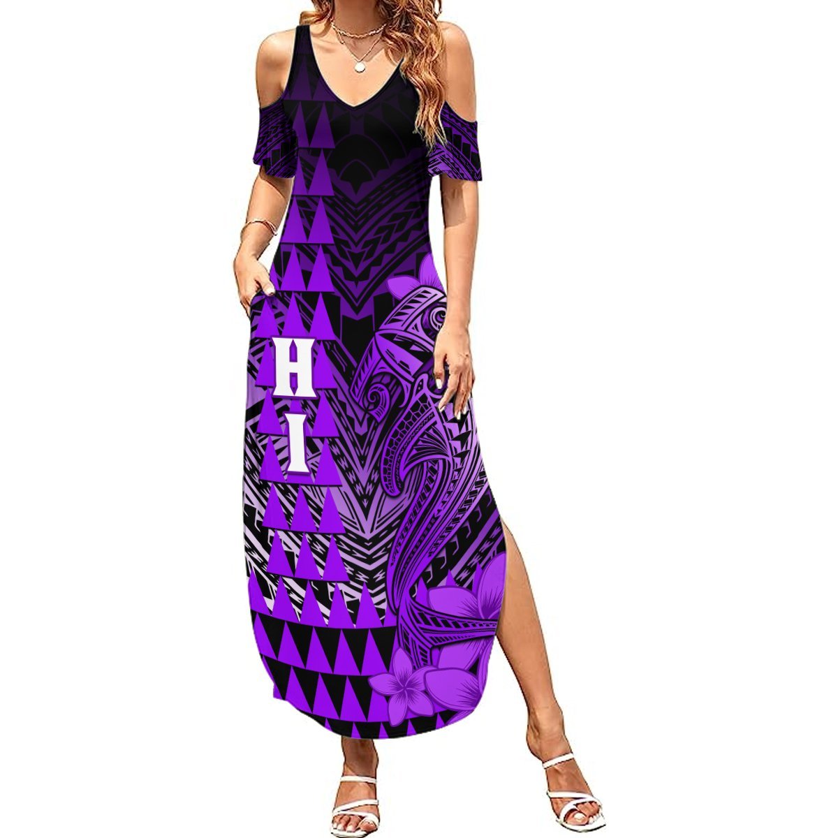 Personalized Hawaii Summer Maxi Dress Hammerhead Shark Kakau Polynesian Tribal Purple LT05 Women Purple - Polynesian Pride