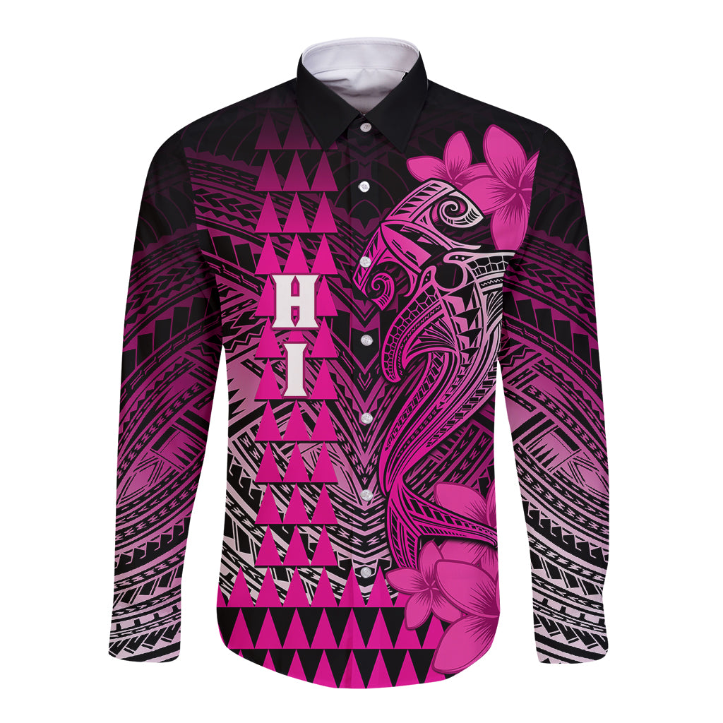 Personalized Hawaii Long Sleeve Button Shirt Hammerhead Shark Kakau Polynesian Tribal Pink LT05 Unisex Pink - Polynesian Pride