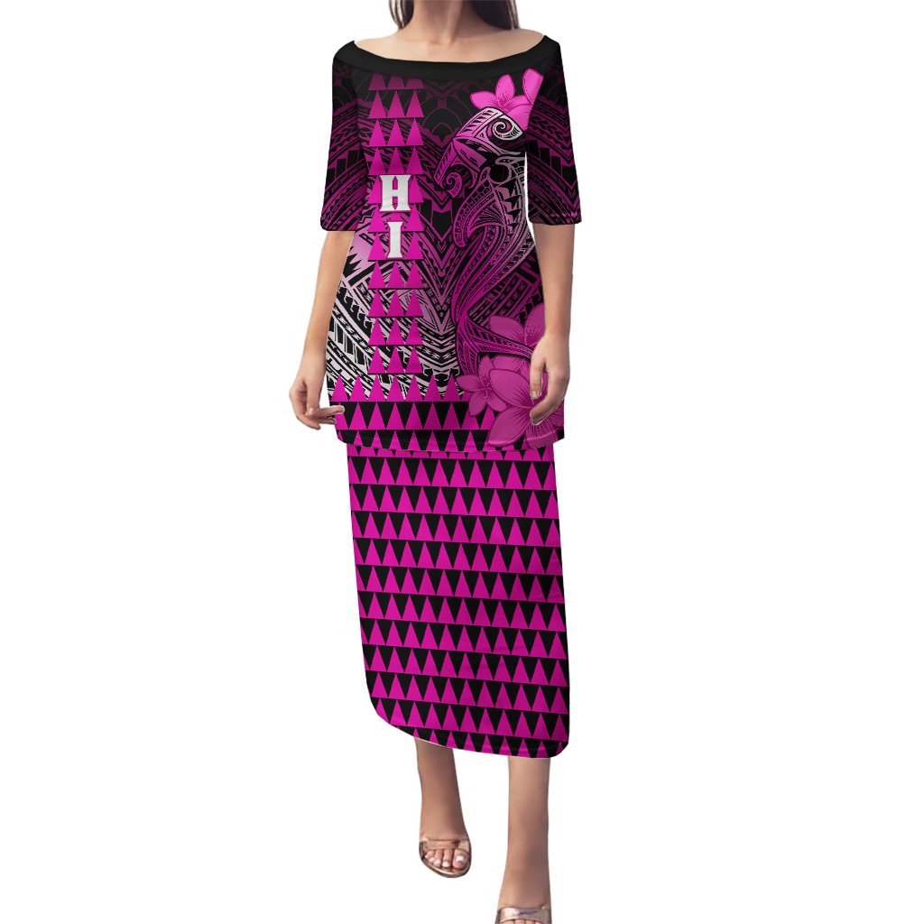Personalized Hawaii Puletasi Hammerhead Shark Kakau Polynesian Tribal Pink LT05 Long Dress Pink - Polynesian Pride