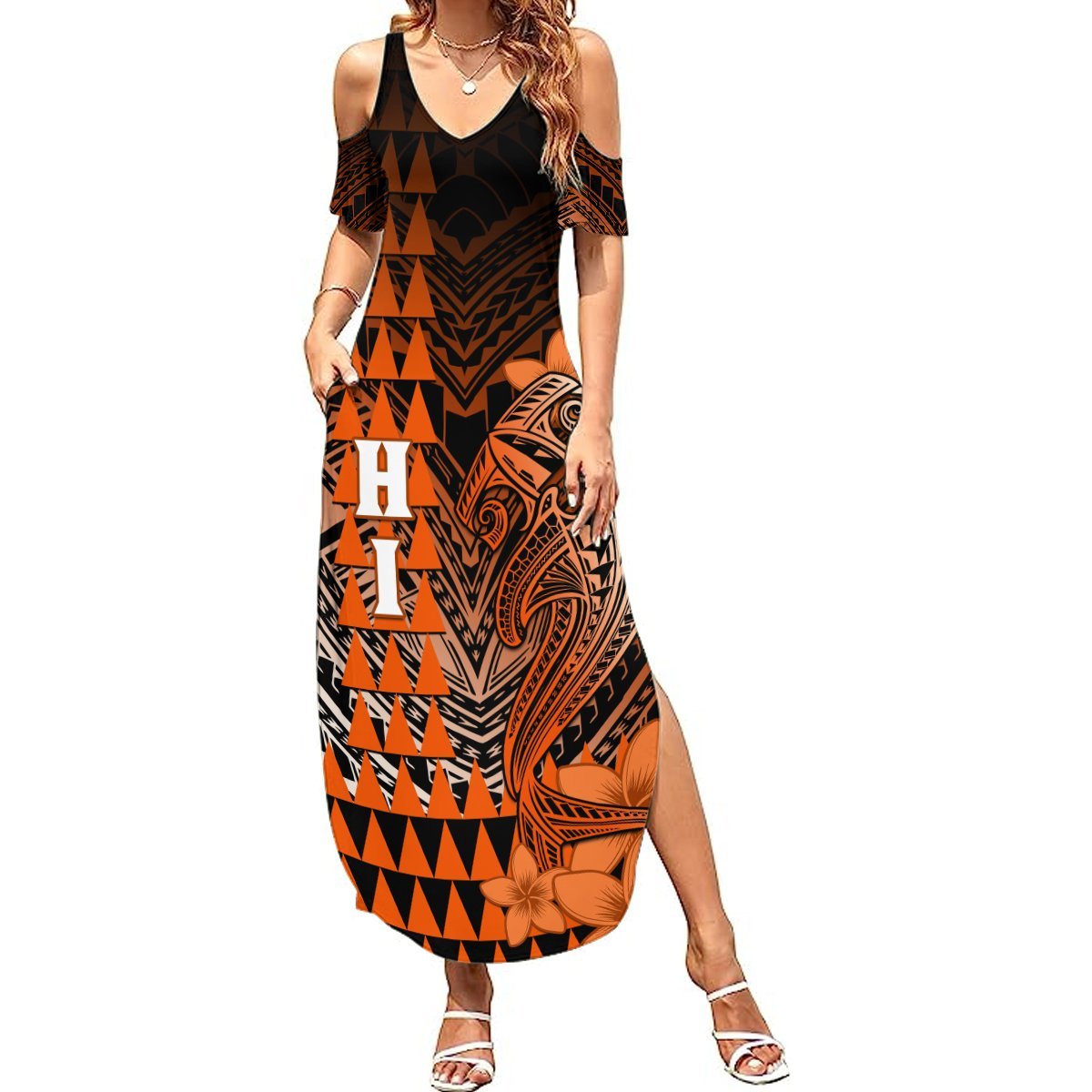 Personalized Hawaii Summer Maxi Dress Hammerhead Shark Kakau Polynesian Tribal Orange LT05 Women Orange - Polynesian Pride