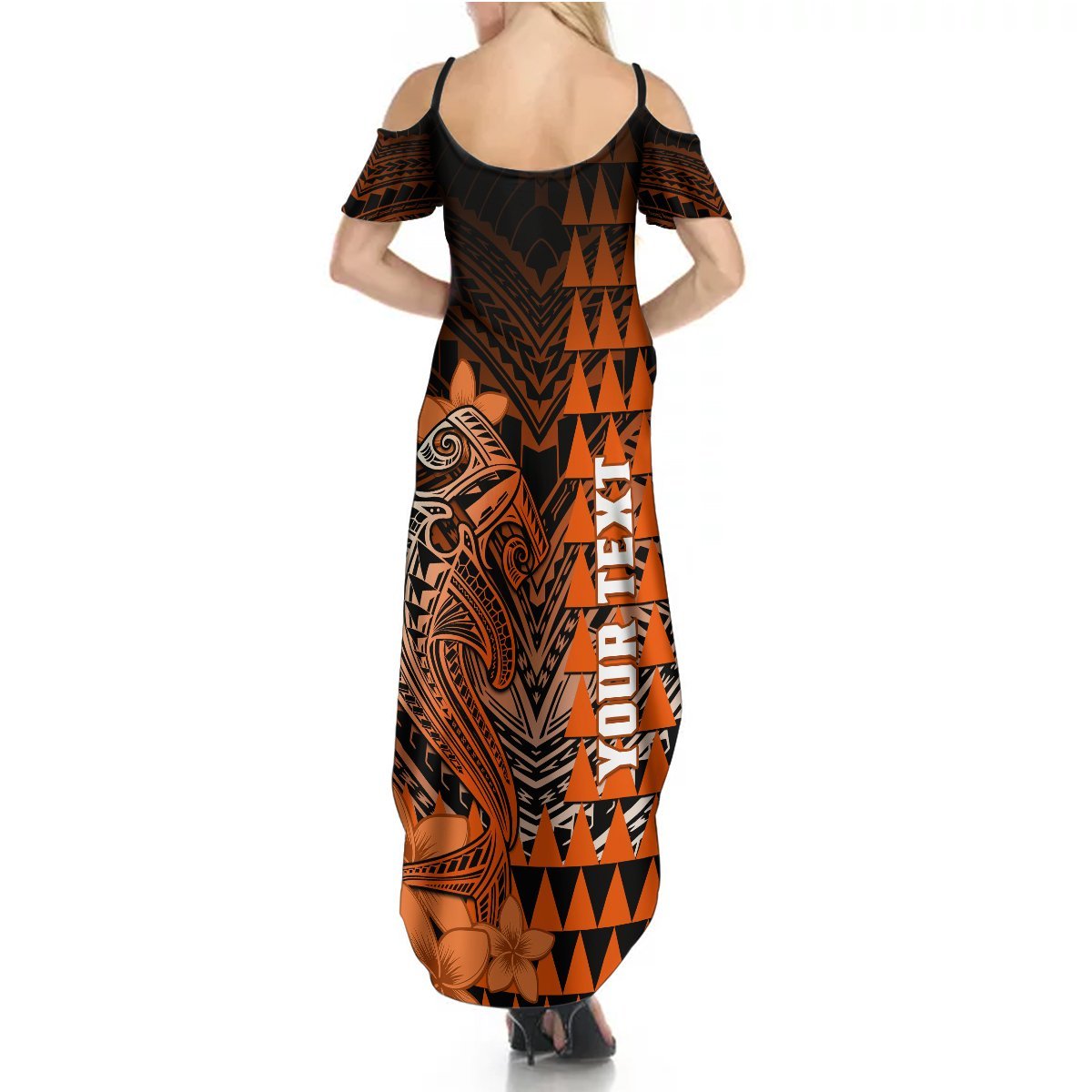 Personalized Hawaii Summer Maxi Dress Hammerhead Shark Kakau Polynesian Tribal Orange LT05 - Polynesian Pride