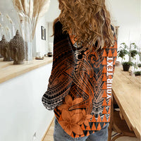 Personalized Hawaii Women Casual Shirt Hammerhead Shark Kakau Polynesian Tribal Orange LT05 - Polynesian Pride