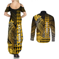 Personalized Hawaii Couples Matching Summer Maxi Dress and Long Sleeve Button Shirts Hammerhead Shark Kakau Polynesian Tribal Gold LT05 - Polynesian Pride