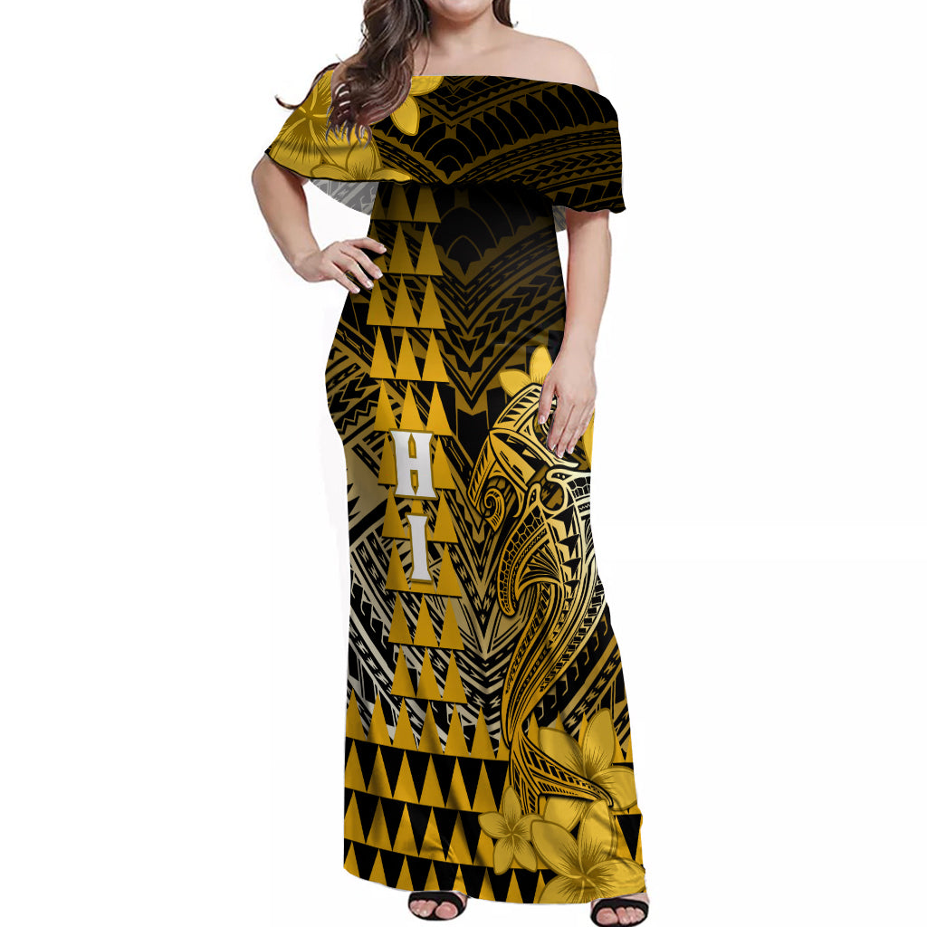 Personalized Hawaii Off Shoulder Maxi Dress Hammerhead Shark Kakau Polynesian Tribal Gold LT05 Women Gold - Polynesian Pride