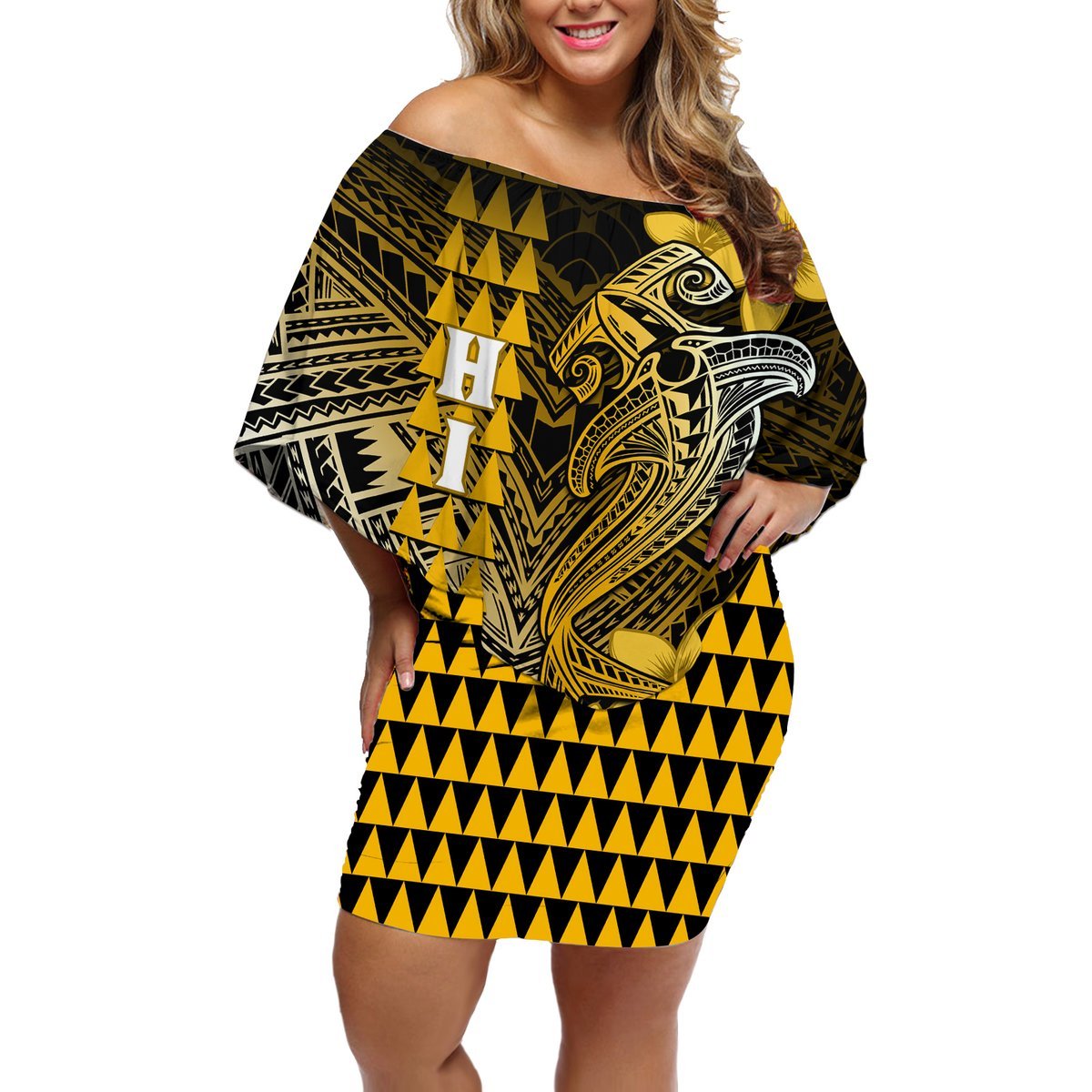 Personalized Hawaii Off Shoulder Short Dress Hammerhead Shark Kakau Polynesian Tribal Gold LT05 Women Gold - Polynesian Pride