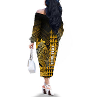 Personalized Hawaii Off The Shoulder Long Sleeve Dress Hammerhead Shark Kakau Polynesian Tribal Gold LT05 - Polynesian Pride