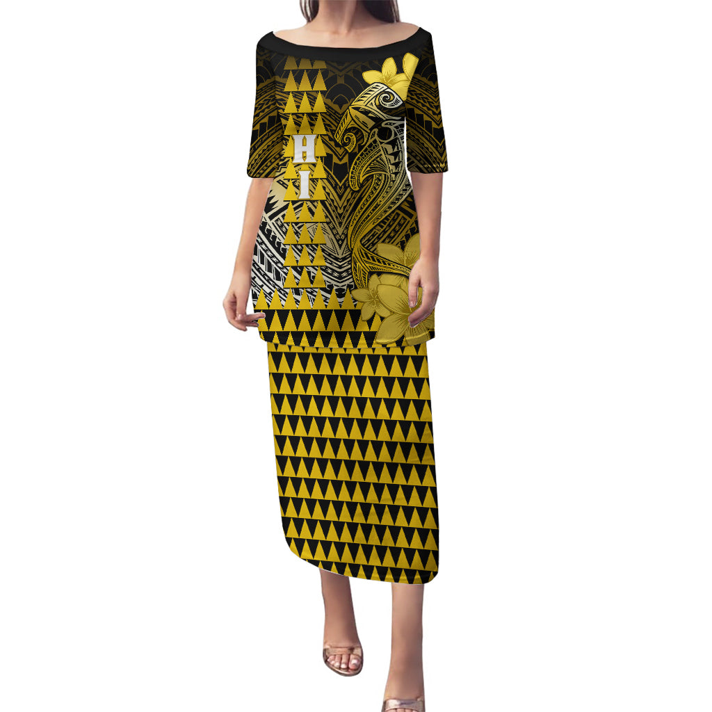 Personalized Hawaii Puletasi Hammerhead Shark Kakau Polynesian Tribal Gold LT05 Long Dress Gold - Polynesian Pride