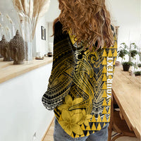 Personalized Hawaii Women Casual Shirt Hammerhead Shark Kakau Polynesian Tribal Gold LT05 - Polynesian Pride