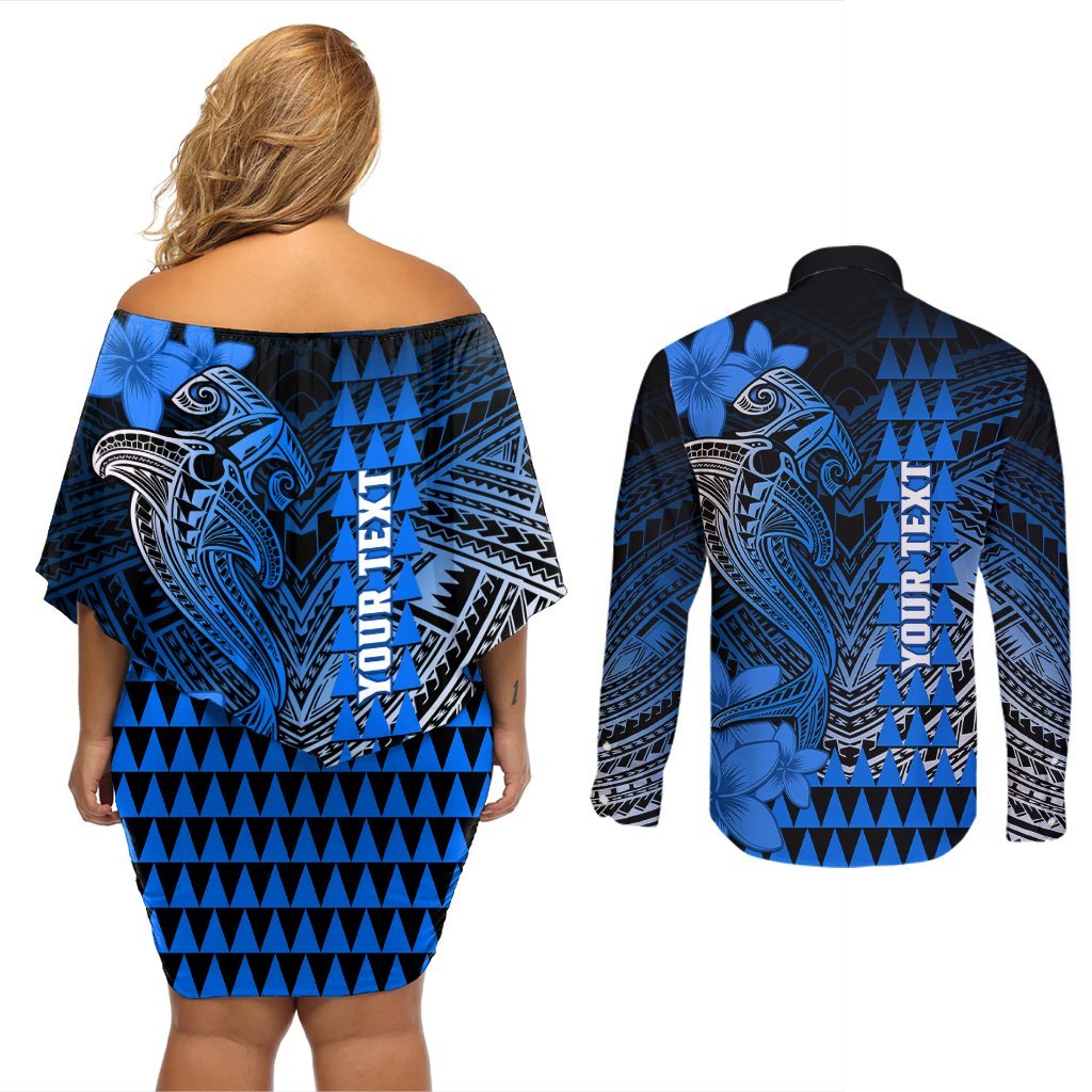 Personalized Hawaii Couples Matching Off Shoulder Short Dress and Long Sleeve Button Shirts Hammerhead Shark Kakau Polynesian Tribal Blue LT05 - Polynesian Pride