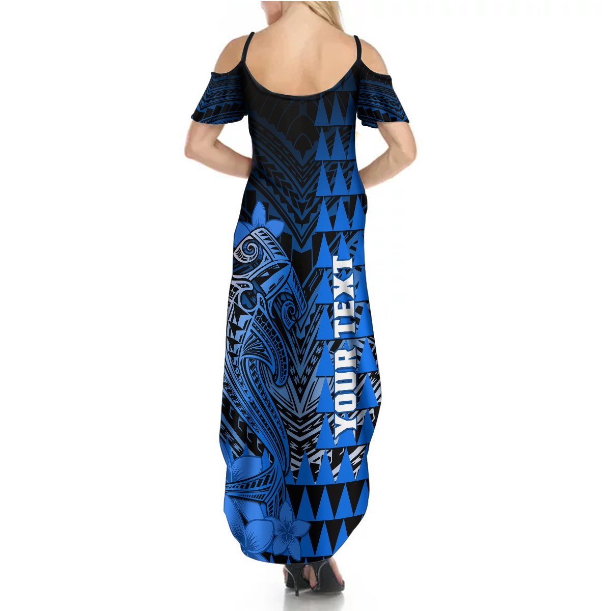 Personalized Hawaii Summer Maxi Dress Hammerhead Shark Kakau Polynesian Tribal Blue LT05 - Polynesian Pride