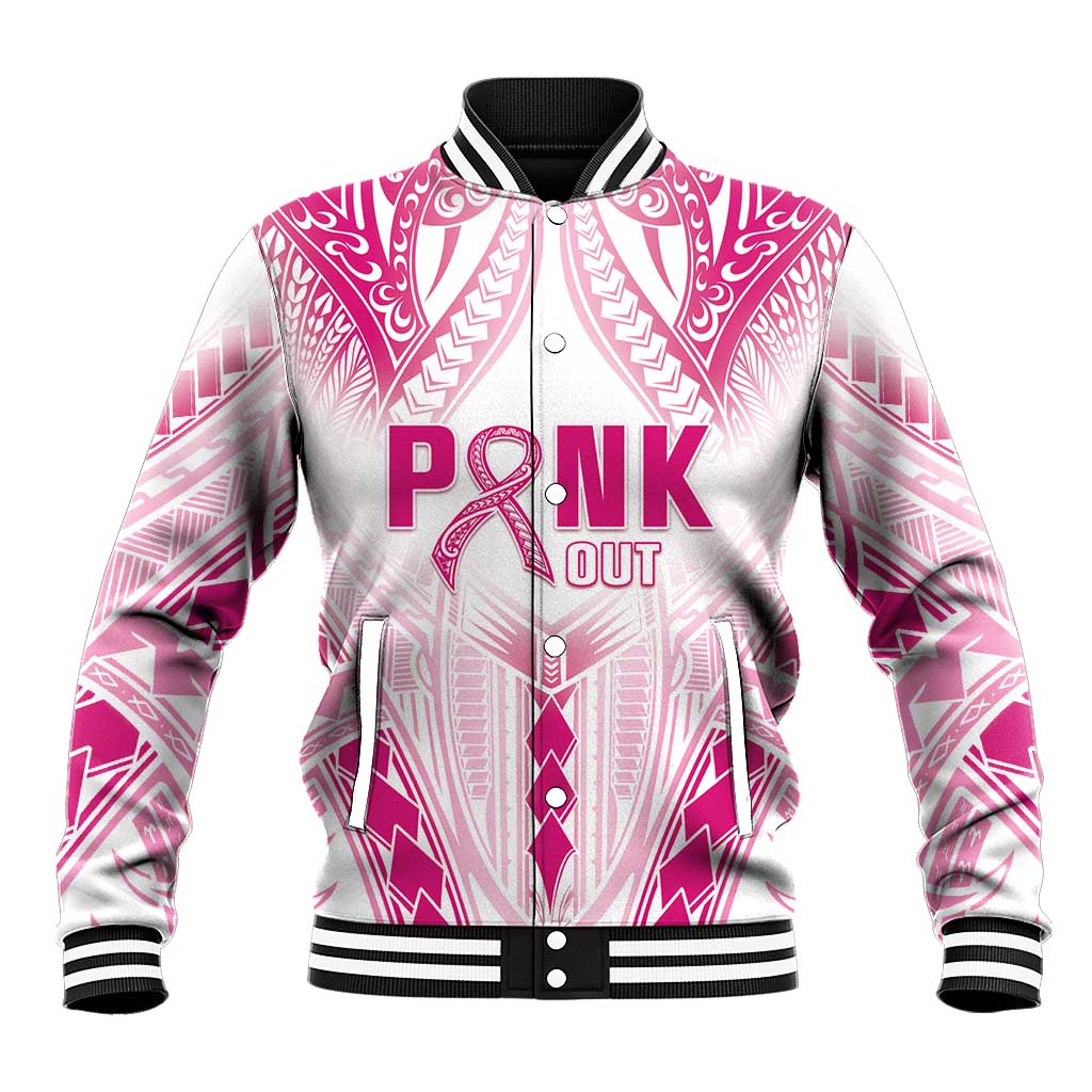 Breast Cancer Pink Out Baseball Jacket Polynesian Art Tattoo White Version