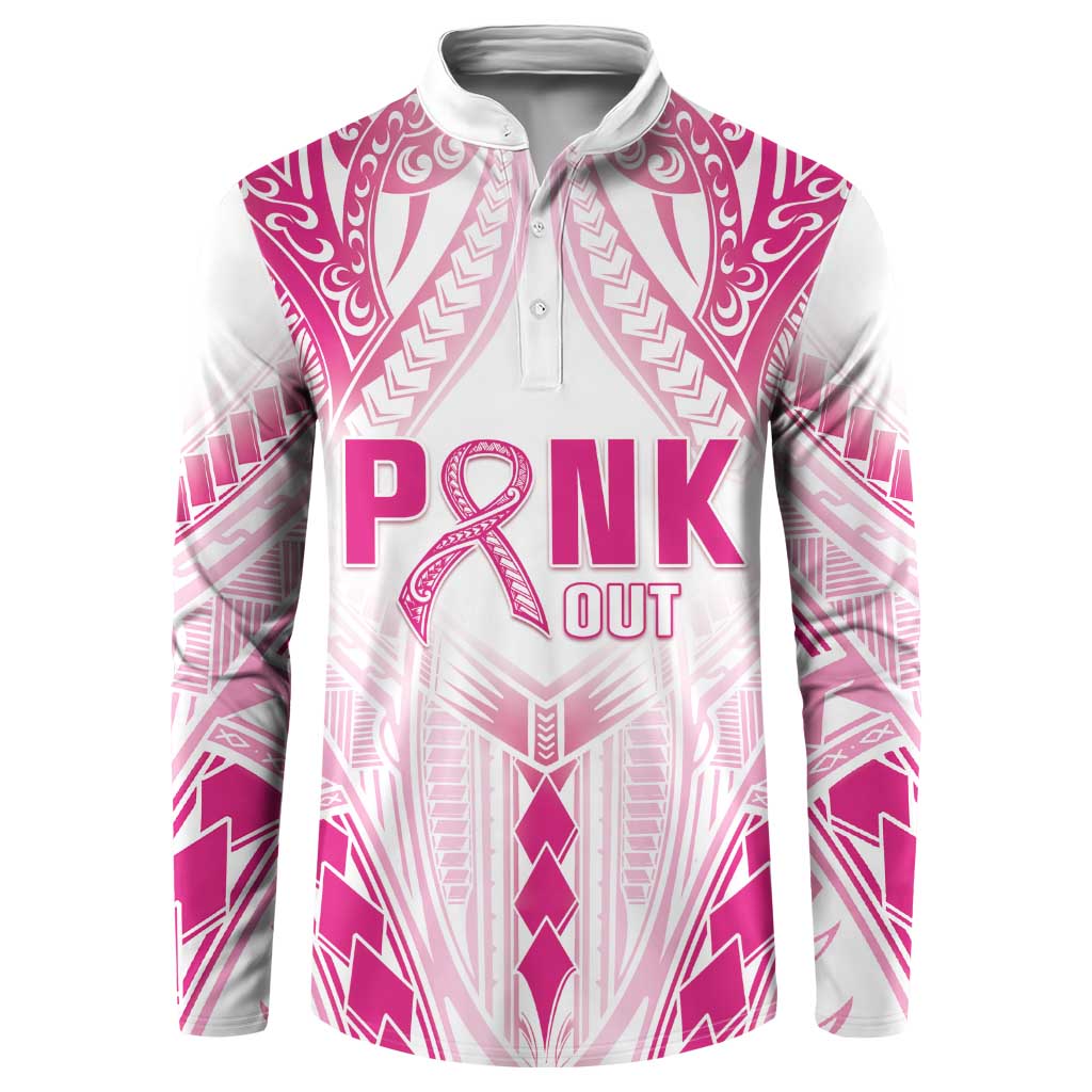 Breast Cancer Pink Out Button Sweatshirt Polynesian Art Tattoo White Version