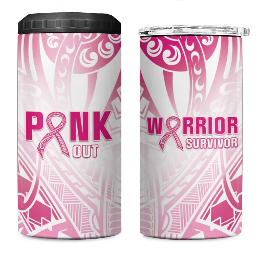 Breast Cancer Pink Out 4 in 1 Can Cooler Tumbler Polynesian Art Tattoo White Version