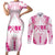 Breast Cancer Pink Out Couples Matching Short Sleeve Bodycon Dress and Long Sleeve Button Shirt Polynesian Art Tattoo White Version