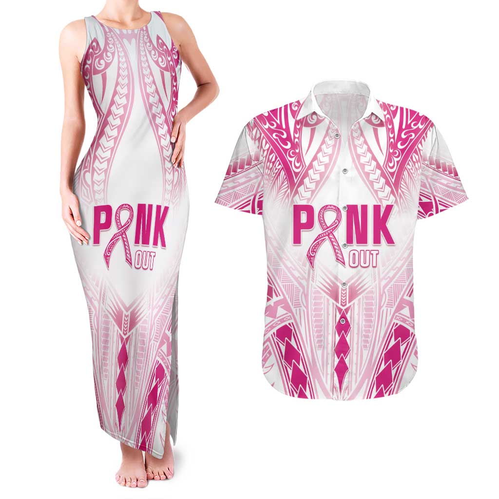 Breast Cancer Pink Out Couples Matching Tank Maxi Dress and Hawaiian Shirt Polynesian Art Tattoo White Version