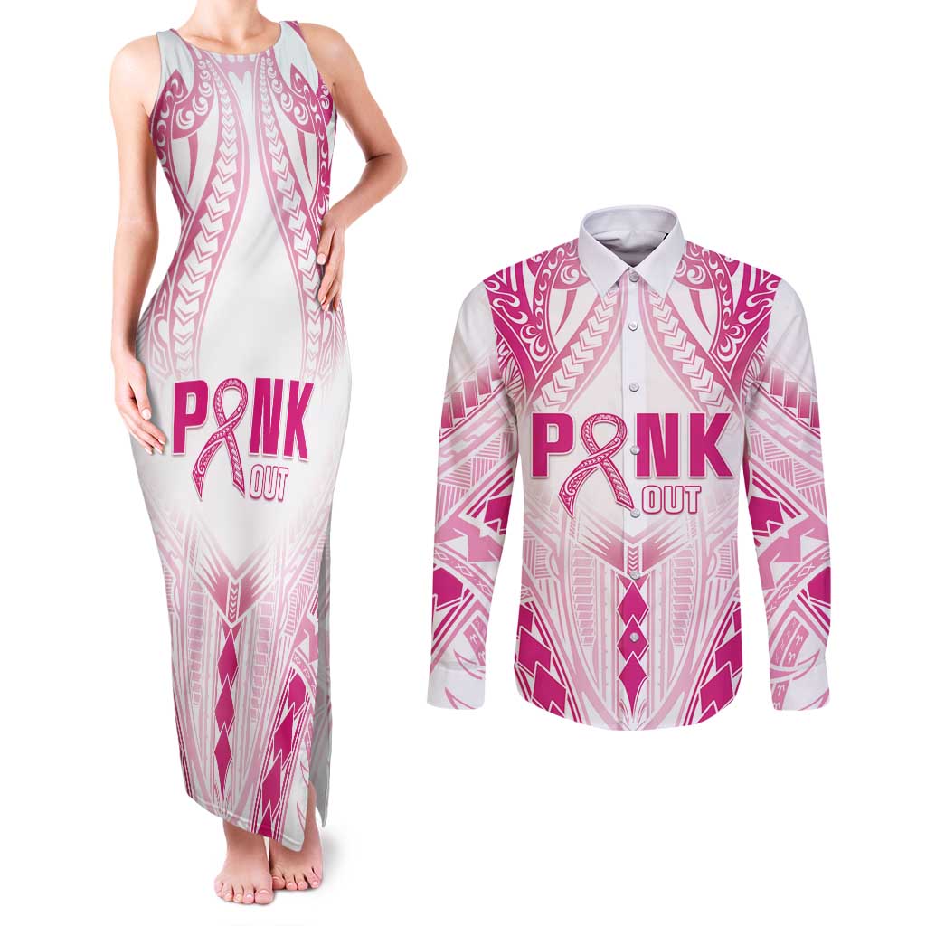 Breast Cancer Pink Out Couples Matching Tank Maxi Dress and Long Sleeve Button Shirt Polynesian Art Tattoo White Version