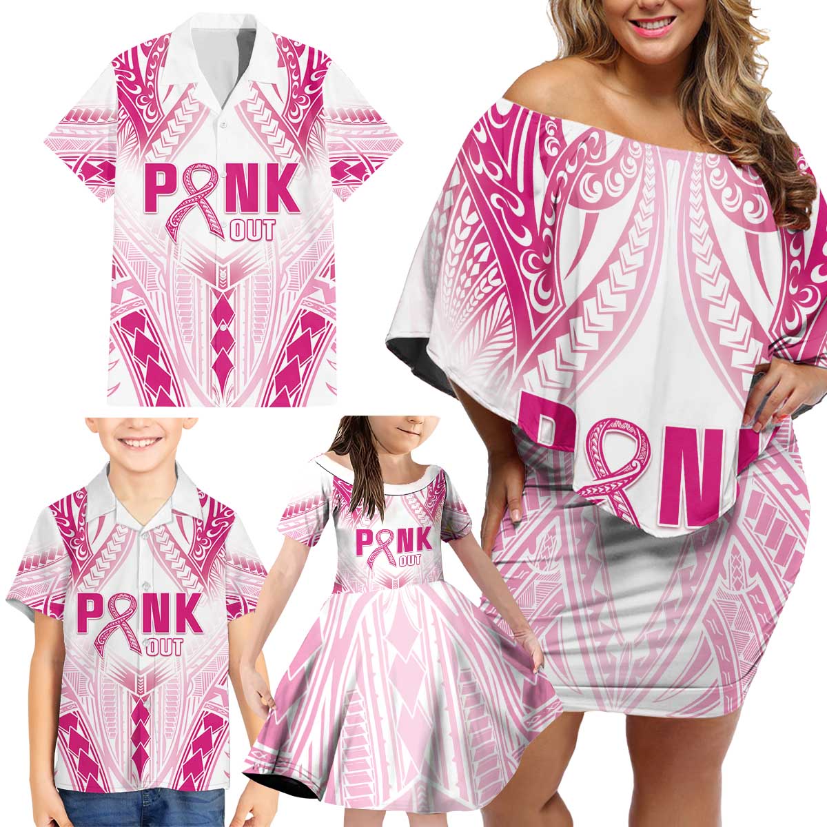 Breast Cancer Pink Out Family Matching Off Shoulder Short Dress and Hawaiian Shirt Polynesian Art Tattoo White Version