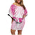 Breast Cancer Pink Out Family Matching Off Shoulder Short Dress and Hawaiian Shirt Polynesian Art Tattoo White Version