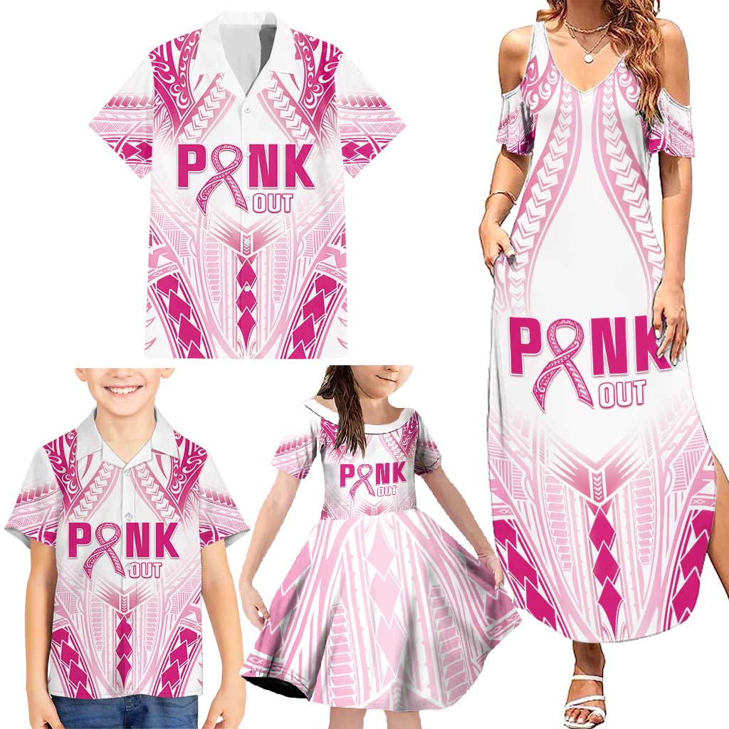 Breast Cancer Pink Out Family Matching Summer Maxi Dress and Hawaiian Shirt Polynesian Art Tattoo White Version