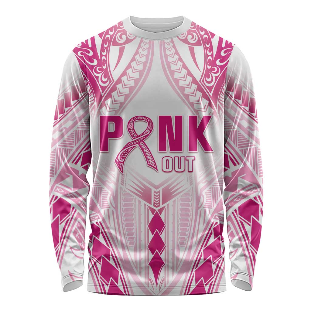 Breast Cancer Pink Out Long Sleeve Shirt Polynesian Art Tattoo White Version