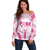 Breast Cancer Pink Out Off Shoulder Sweater Polynesian Art Tattoo White Version LT05 Women White - Polynesian Pride