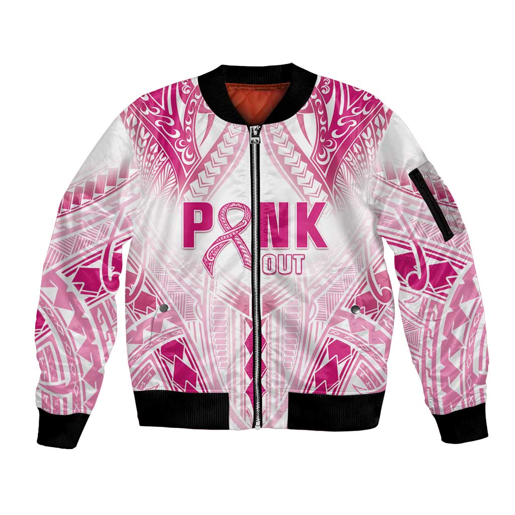 Breast Cancer Pink Out Sleeve Zip Bomber Jacket Polynesian Art Tattoo White Version