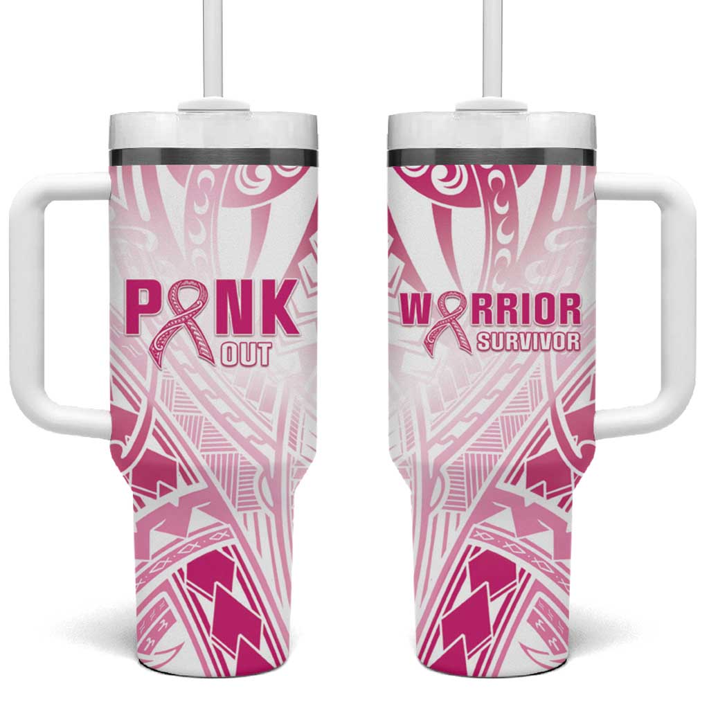Breast Cancer Pink Out Tumbler With Handle Polynesian Art Tattoo White Version LT05 One Size: 40 oz White - Polynesian Pride