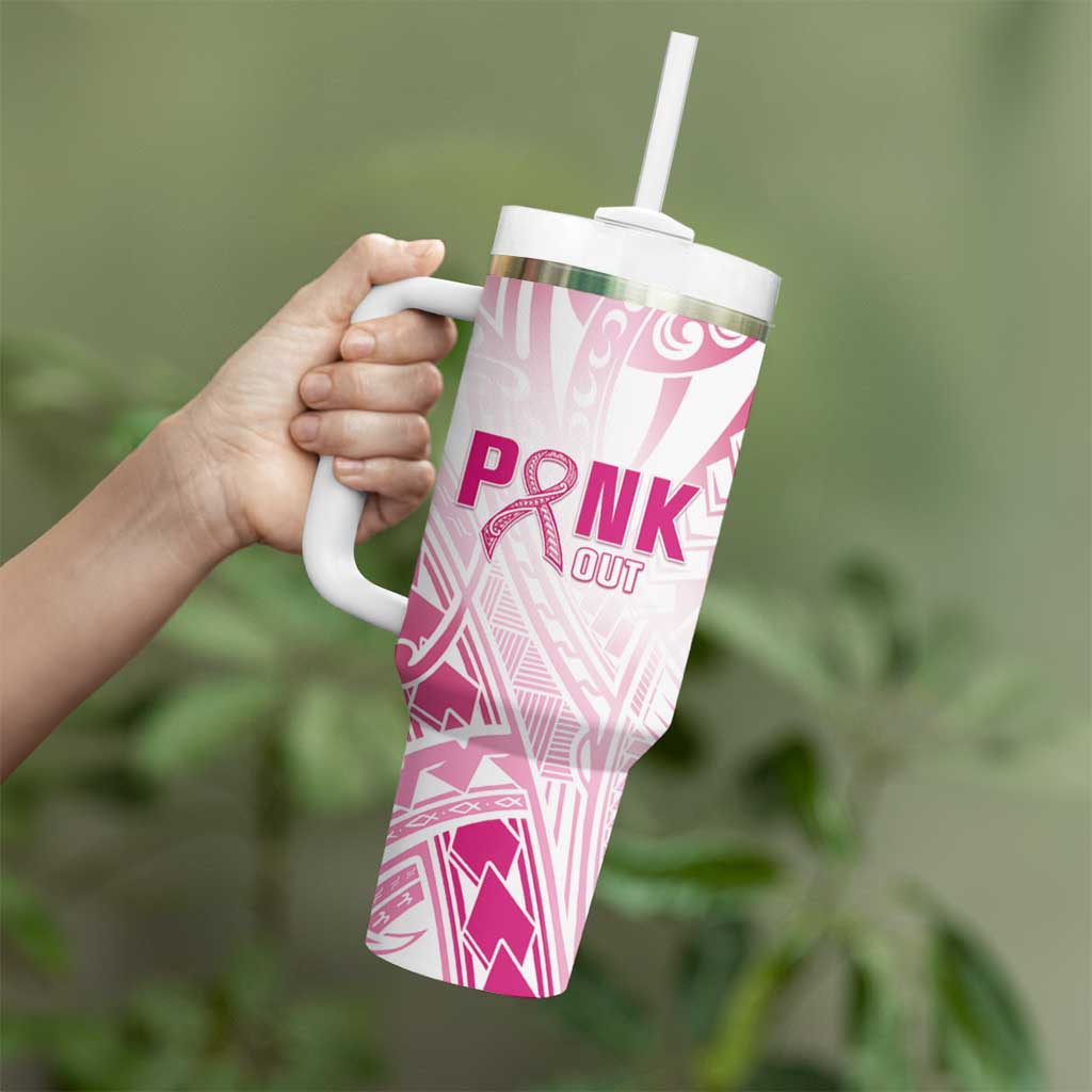 Breast Cancer Pink Out Tumbler With Handle Polynesian Art Tattoo White Version LT05 - Polynesian Pride
