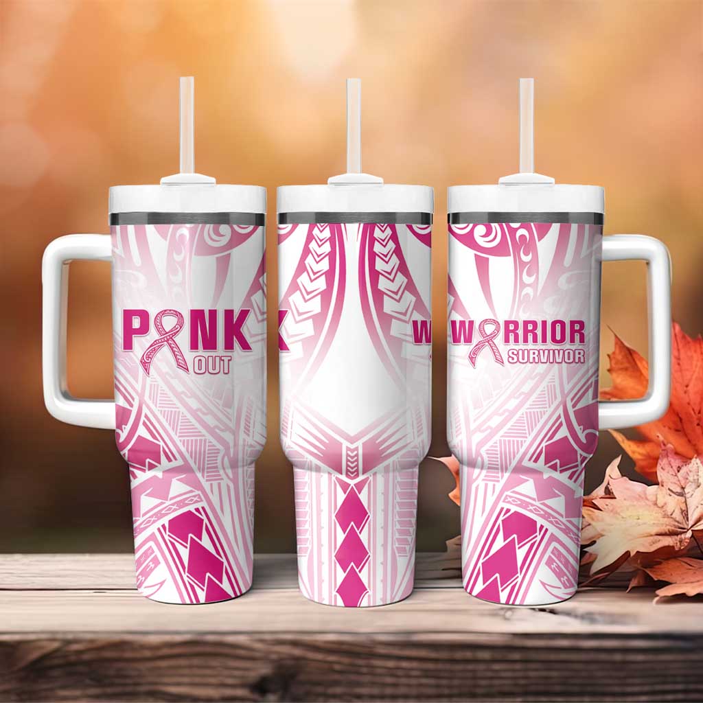 Breast Cancer Pink Out Tumbler With Handle Polynesian Art Tattoo White Version LT05 - Polynesian Pride
