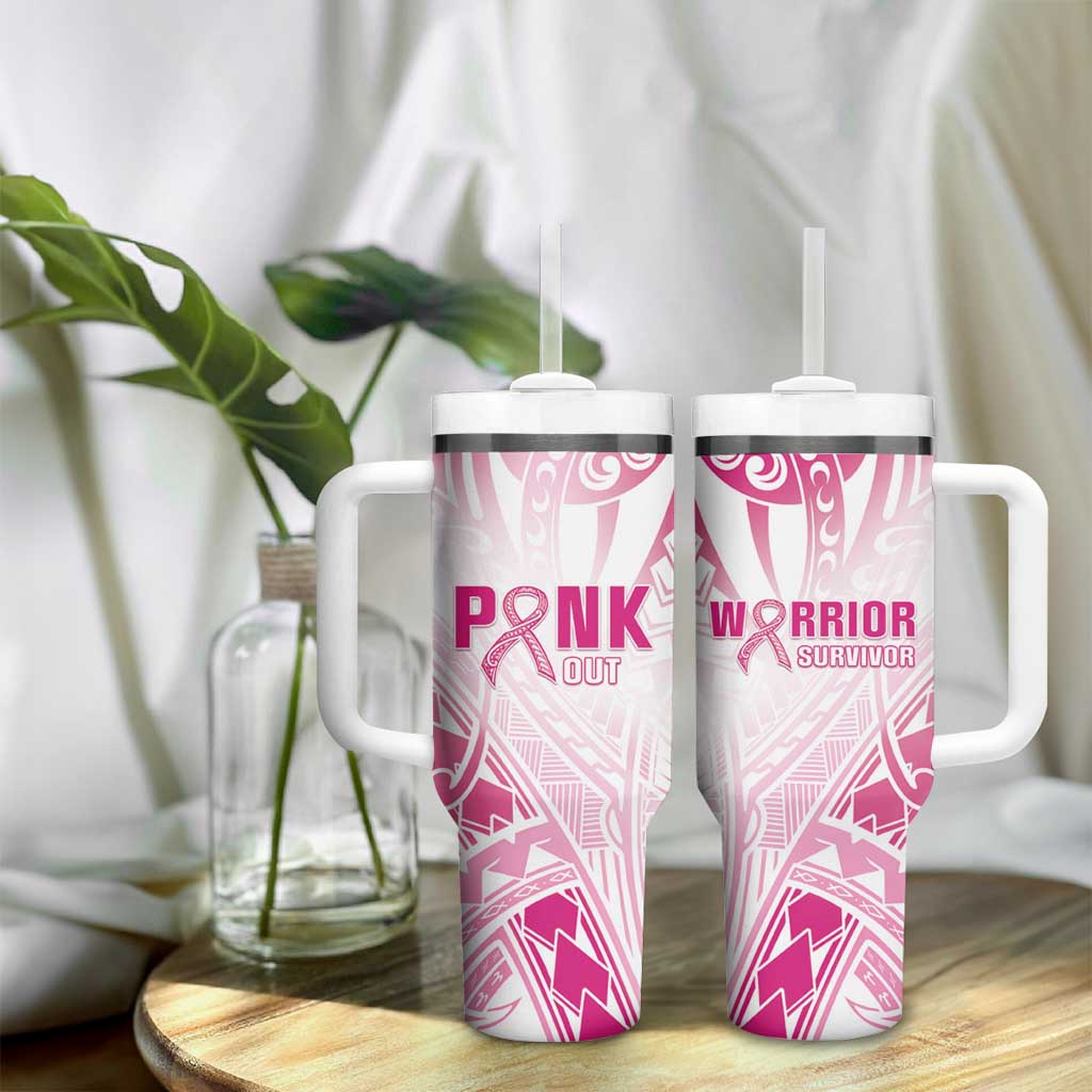 Breast Cancer Pink Out Tumbler With Handle Polynesian Art Tattoo White Version LT05 - Polynesian Pride