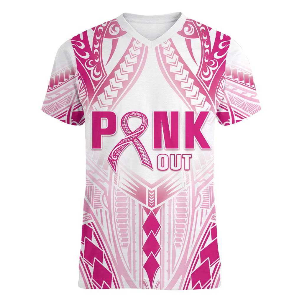 Breast Cancer Pink Out Women V-Neck T-Shirt Polynesian Art Tattoo White Version