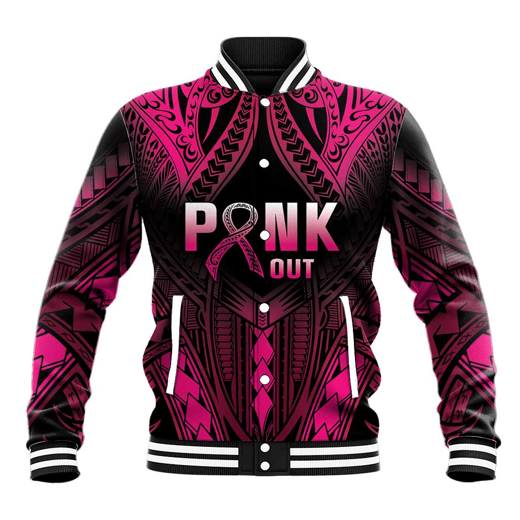 Breast Cancer Pink Out Baseball Jacket Polynesian Art Tattoo Black Version