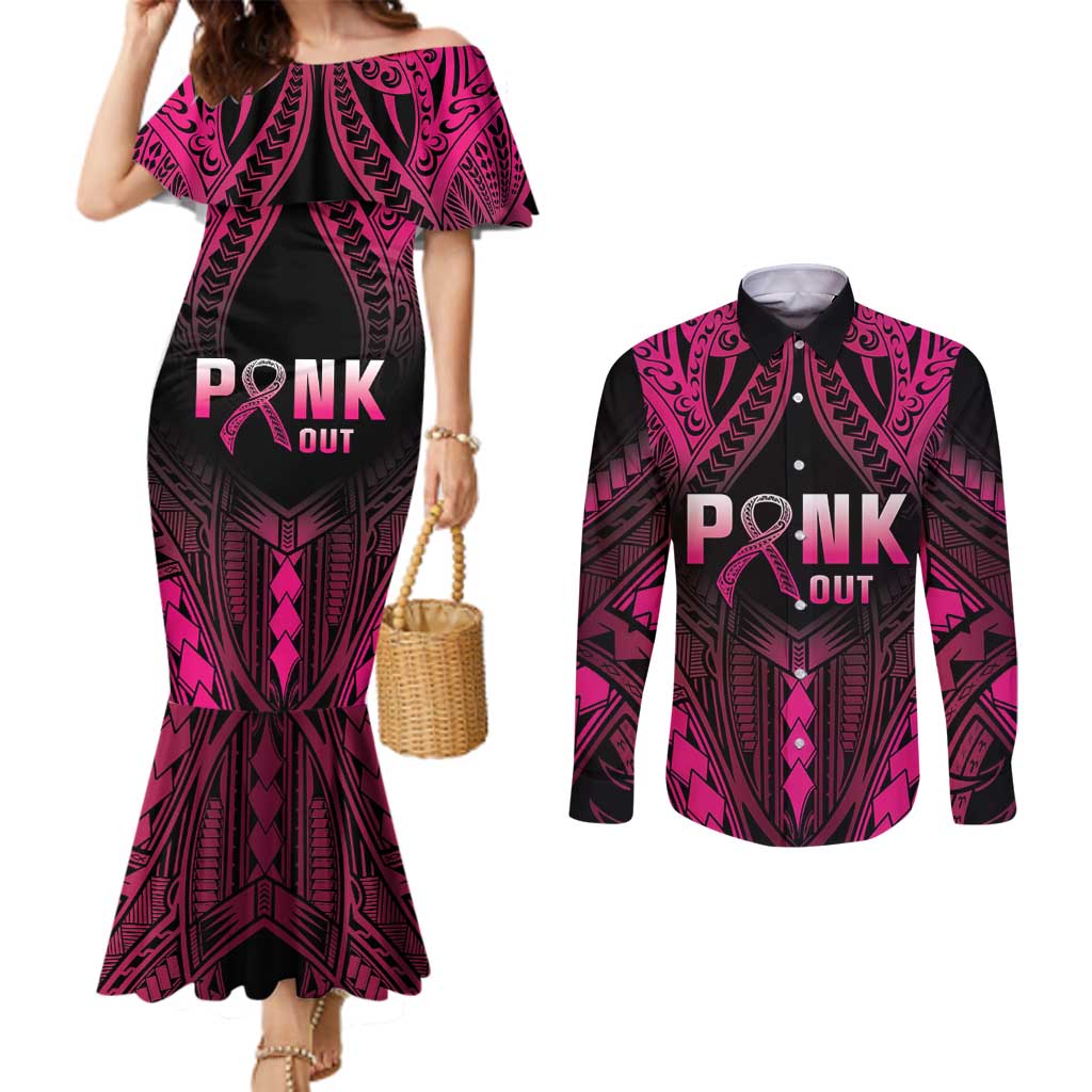 Breast Cancer Pink Out Couples Matching Mermaid Dress and Long Sleeve Button Shirt Polynesian Art Tattoo Black Version